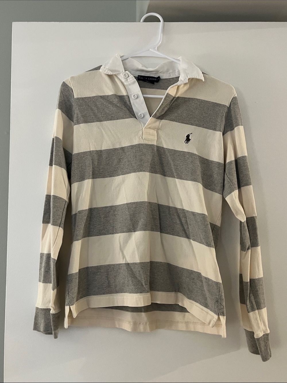Ralph Lauren Long-Sleeve Rugby Polo — Cream & Gray Stripes